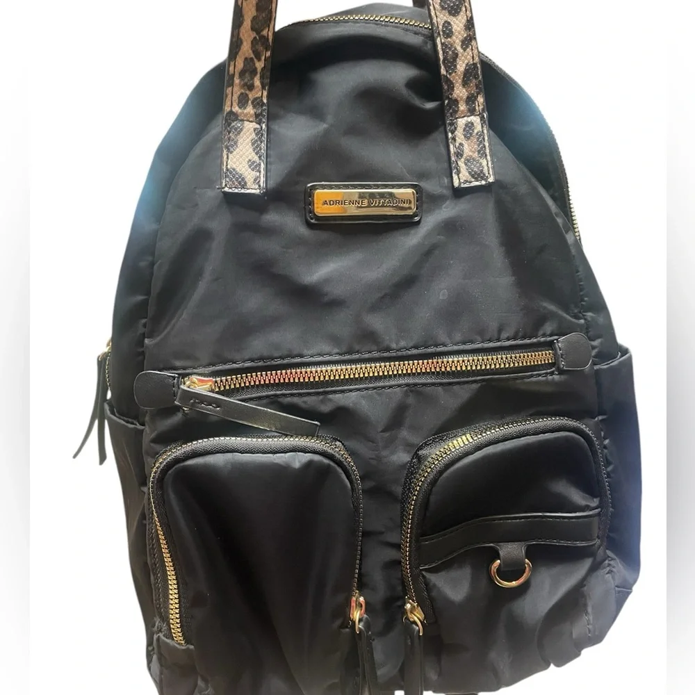 Adrienne Vittadini Top Handle Black and Leopard Print Backpack